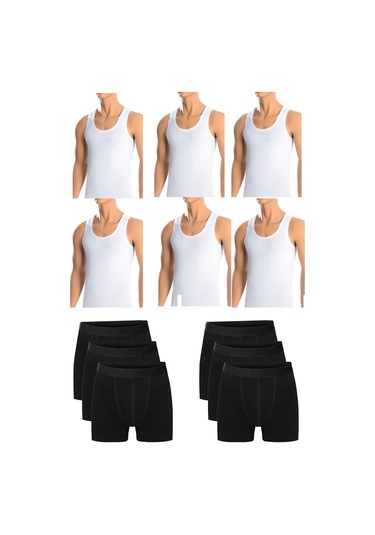 Belifanti Collection Erkek Pamuklu 6'Lı Beyaz Atlet Ve 6'Lı Siyah Boxer 12 Parça Set Beyaz