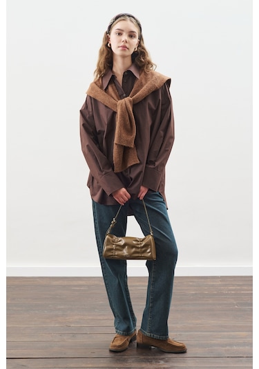 Tasarım Detaylı Oversıze Gömlek Acı Kahve Acı Kahve