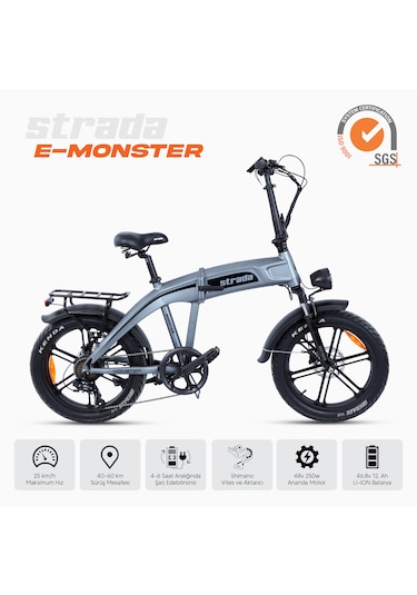 Stradacycles E-monster 20 Jant Katlanabilir Yüksek Torklu Elektrikli Bisiklet Gri