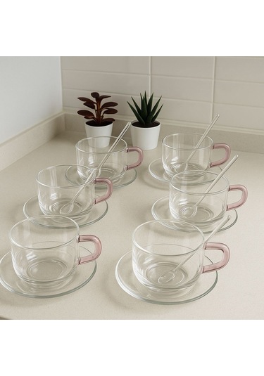 Qerhome 6'lı Borosilikat Cam Tabaklı Ve Kaşıklı Sof Elegance Çay Ve Kahve Kupası 330 Ml Şeffaf