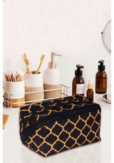 Tutma Kollu Makyaj Çantası Geniş Seyahat Kozmetik Organizeri Siyah