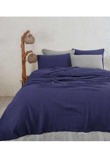 %100 Pamuk Çift Kişilik Müslin Yatak Örtüsü 4 Katlı Yumuşak Battaniye Müslin Pike Takımı 3 Parça Lacivert Lacivert