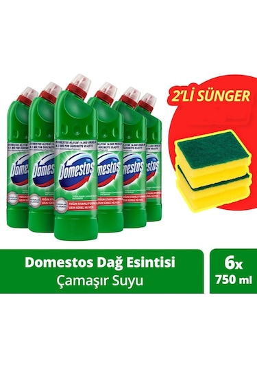 Domestos Çamaşır Suyu Dağ Esintisi 6 x 750 ML + Sünger 2'li