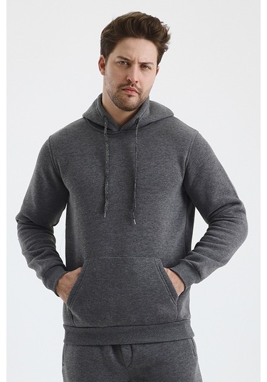 Monox Erkek Kapşonlu 3 İplik Sweatshirt Antrasit