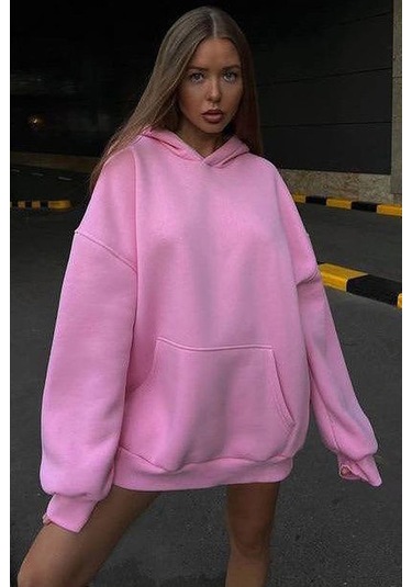 Madmext Pembe Kapüşonlu Şardonlu Oversize Sweatshirt Mg1566 Pembe