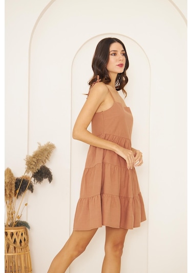 Camel Askısı Boncuklu Püsküllü Eteği Volanlı Mini Elbise Dm1038