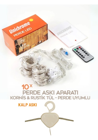 Kumandalı 8 Ayrı Moda Sahip 3x3m 300x300cm Perde Led 10 Saçaklı Sarkıtlı 300 Led Gün Işığı Kalp Askı Sarı