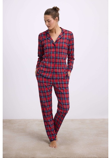 Man11580-1011 Anil Ev Giyim Anıl Kadın Uzun Kol Düğmeli Gömlek Ve Ekose Pantolon Pijama Takımı 11580 Bordo