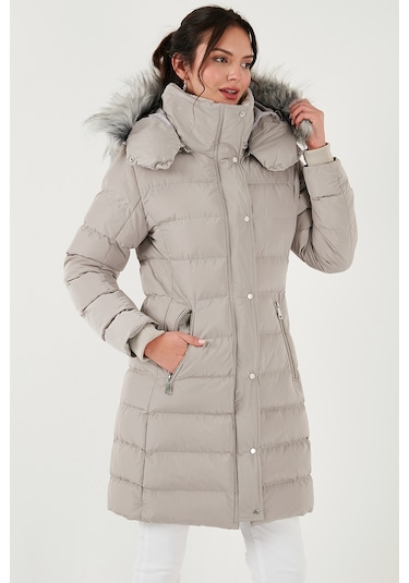 Lela Regular Fit Çıkarılabilir Kapüşonlu Fermuarlı Cepli Şişme Bayan Mont 497Emily Taş