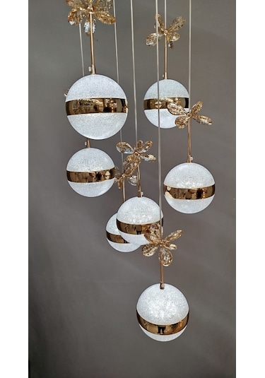 Şık Tarz Modern Led Avize Gold Ledli Salon Avizesi Kelebek Taşlı 7lı Sarı