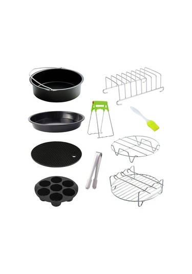 10 Parçalı Yui / Xiaomi / Philips / Kumtel Uyumlu Hava Fritözü Pişirme Aksesuarları Seti Siyah