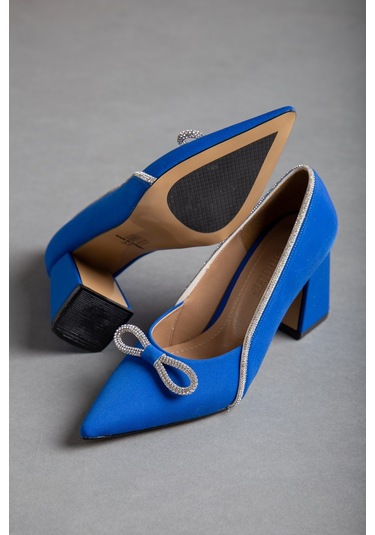 Saten Taşlı Kalın Topuk Mavi Kadın Stiletto-2031-Mavi