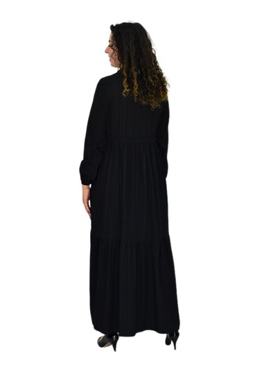 Kadın Uzun Kol Lastikli Kabartma Çizgili Elbise Bgl-st04676 siyah