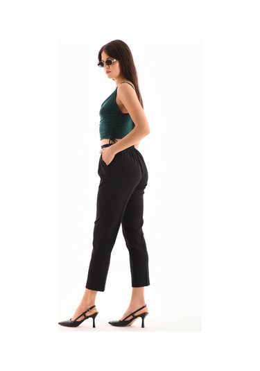 Ttl Arka Kemer Lastikli Ön Düz Yanlarda Cepli Şık Pantolon Siyah