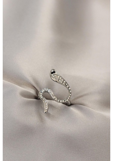 Zirkon Taşlı Gümüş Renk Yılan Yüzük Gümüş