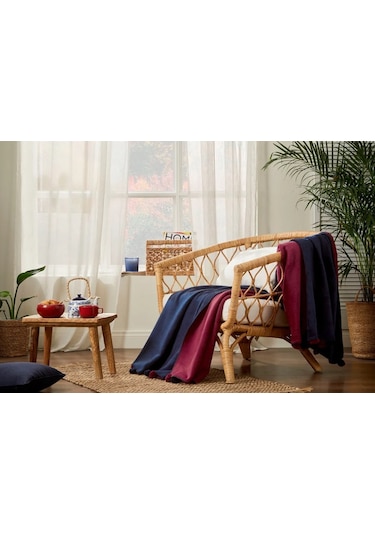 Ponponlu Pamuk Battaniye Çift Kişilik 200x220 Lacivert Bordo -