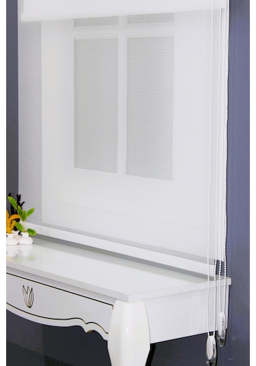 Çift Mekanizmalı Çizgili Tül & Mat Beyaz Stor Perde % 80 Işıgı Ke