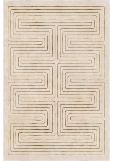 Zeminde Bir Labirent Simetrik Çizgili Modern Kaymaz Taban Halı Bej