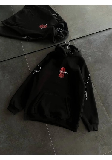 Vexor Üç İplik Kapşonlu Baskılı Oversize Sweatshirt- Siyah