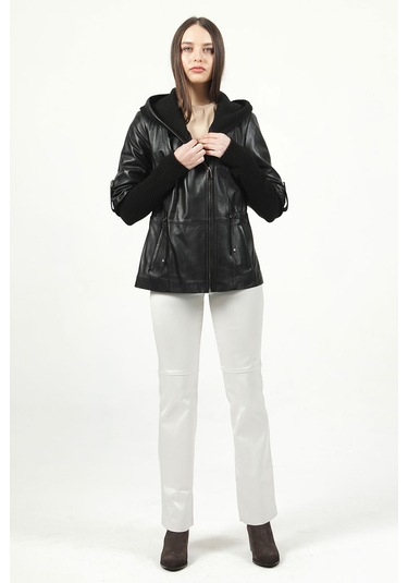 Dericlub Larissa Kadın Kapüşonlu Hakiki Deri Kaban Siyah Siyah