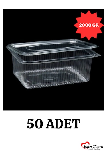 Plastik Sızdırmaz Kap 2000 Gr 50'li Plastik Kapaklı Kase Saklama Kabı Şeffaf Kullan At Kase