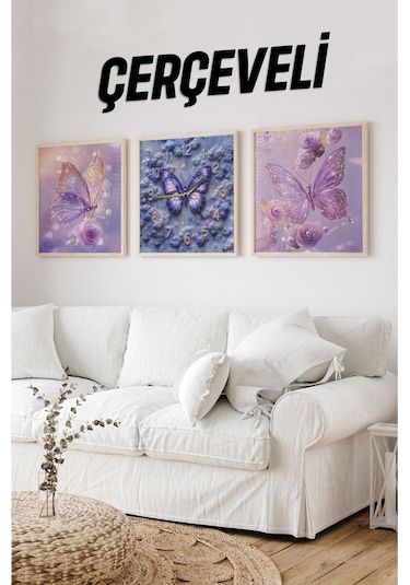 Mor Kelebekli Mdf Tablo Seti Ahşap Çerçeveli 3 Lü Saatli Kombin Renkli