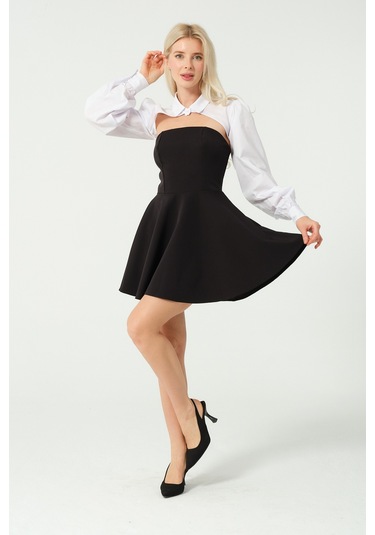 Kolluk Detay Mini Kloş Elbise Siyah Beyaz