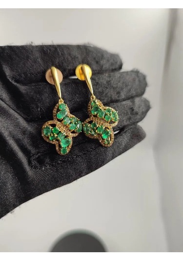 925 Ayar Gümüş Zümrüt Elmas Küpe 254 Altın