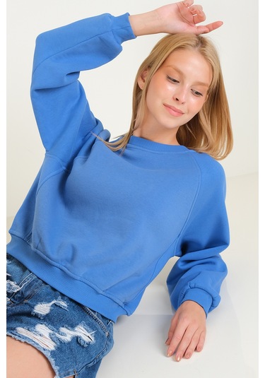 Giyim Dünyası Kadın 3 İp Şardonlu Sıfır Yaka Oversize Sweatshirt Mavi 001