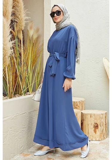 6569-Krep Tulum Elbise İndigo