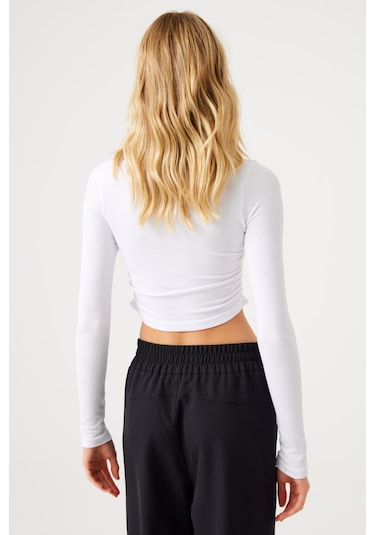 Aura Uzun Kol Büzgülü T-shirt Beyaz Beyaz