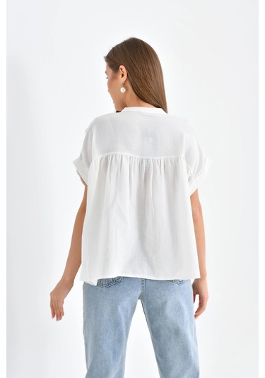 Dantel Detay Kısa Dokuma Bluz KEMİK