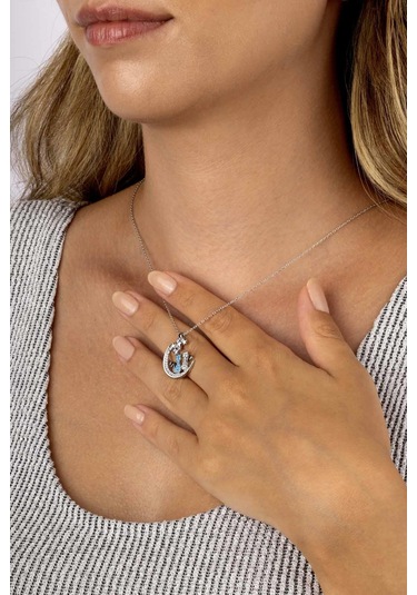 Gümüş Pazarım Firuze Taşlı Yıldızları İzleyen Çift Kedi Kadın Gümüş Kolye Altın - Gümüş