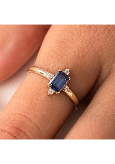 Gümüş Yüzük - Octagon Kesim Safir Taşlı 0.95 Karat Pırlanta Montorü Şık 925 Ayar Gümüş Yüzük Sarı