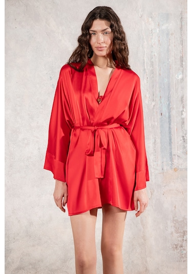 Fumee Kırmızı Kısa Saten Sabahlık / Kimono
