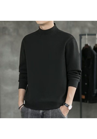 Erkek Sonbahar/kış Polar Kapşonlu Üst Yarı Yüksek Yaka Bol Uzun Kollu Tişört Sıcak Tabanlı Gömlek Erkek Siyah