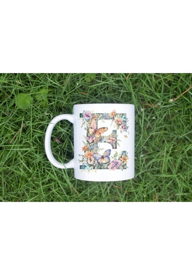 E Harfi Çiçekli Kupa Bardak - Soft Renk Çiçek Ve Kelebek Desenli Zarif Kahve Kupası - Bohem Beyaz