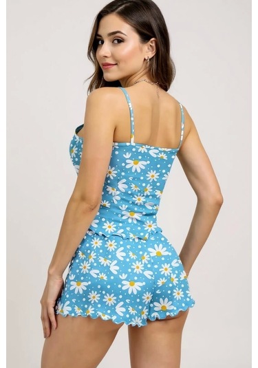 Papatya Baskılı Mavi Askılı Şortlu Pijama Takımı Açık Mavi