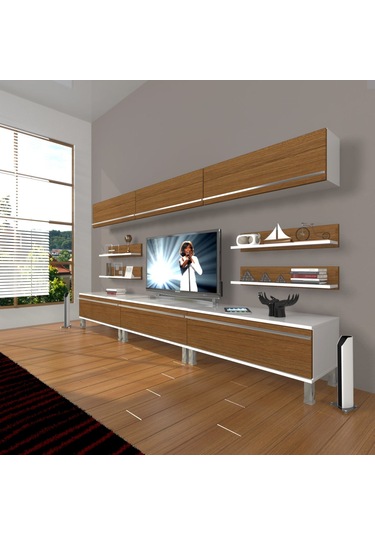 Decoraktiv Eko 8y Mdf Krom Ayaklı Tv Ünitesi Tv Sehpası Beyaz - Ceviz
