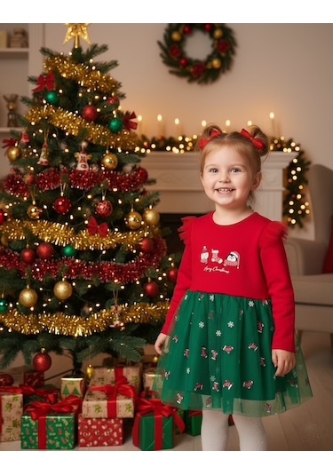 Kız Çocuk Snowman And Penguın Tüllü Yılbaşı Elbise Nbk-24915 Kırmızı