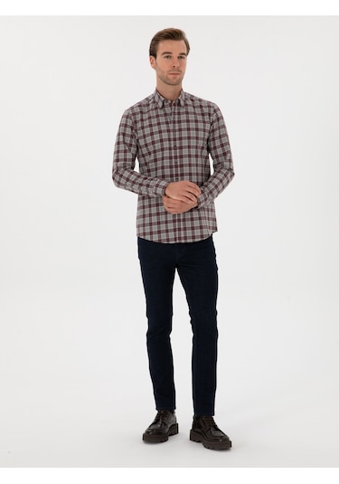 Cacharel Bordo Slim Fit %100 Pamuk Kareli Gömlek Kırmızı