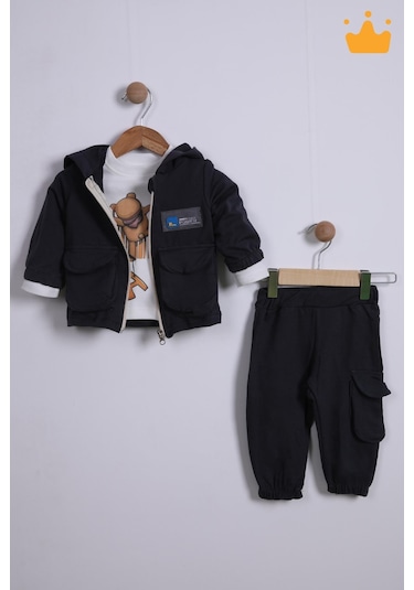 Babyhola 3'lü Kapüşonlu Hırka Badi Pantolon Erkek Bebek Çocuk Alt Üst Takım 001