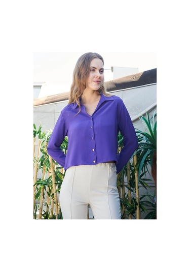 Kadın Likrasız Şık Kumaş Yakalı Uzun Kol Kısa Gömlek-eflatun Eflatun