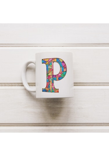 P Harfi Bardak 330 Ml İsme/harfe Özel Hediye, Renkli Harf Tasarım Beyaz