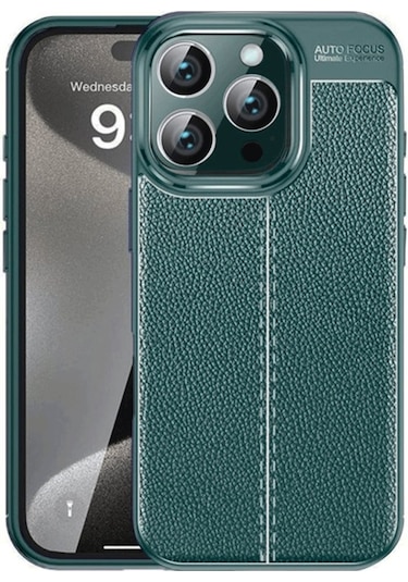 İphone Uyumlu 16 Pro Max Kılıf Focus Deri Desen Silikon Arka Kapak Koyu Yeşil