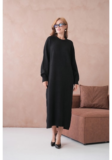Kadın Bisiklet Yaka Yumuşak Dokulu Maksi Boy Şardonlu Oversize Triko Elbise 8324sw Siyah