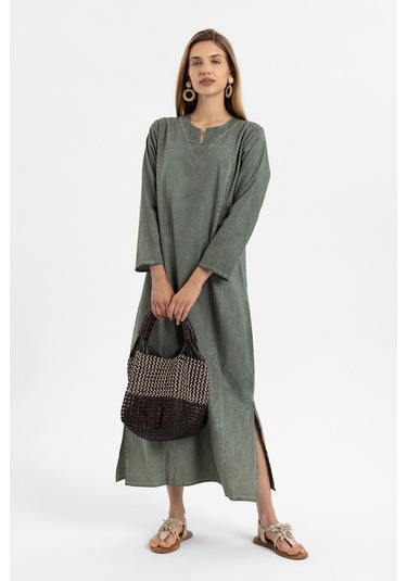 Haki İşlemeli Uzun Kollu Astarsız Pamuklu Uzun Elbise-hakı