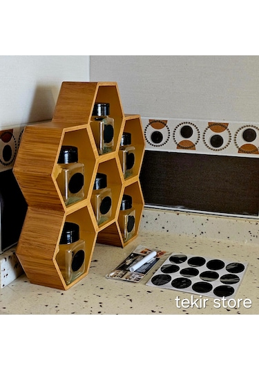 6'lı Baharatlık Takımı Ahşap Bambu Eskitme Standlı Petek Model Bambu