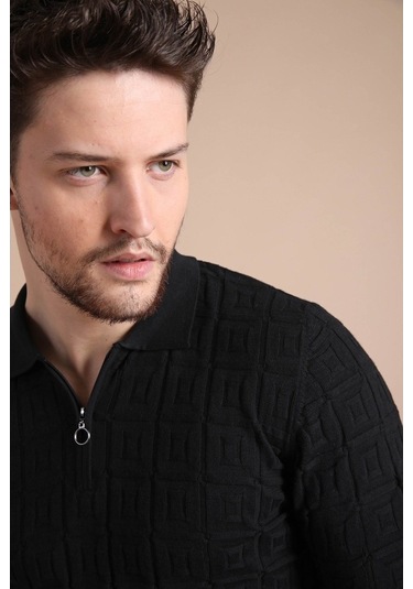 Ferraro Siyah Polo Yaka Fermuarlı Erkek Pamuk Triko T-Shirt-Siyah (417942274) Siyah