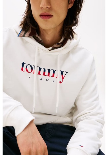 Erkek Logo Baskılı Kapüşonlu Sweatshirt Ekru Ecru